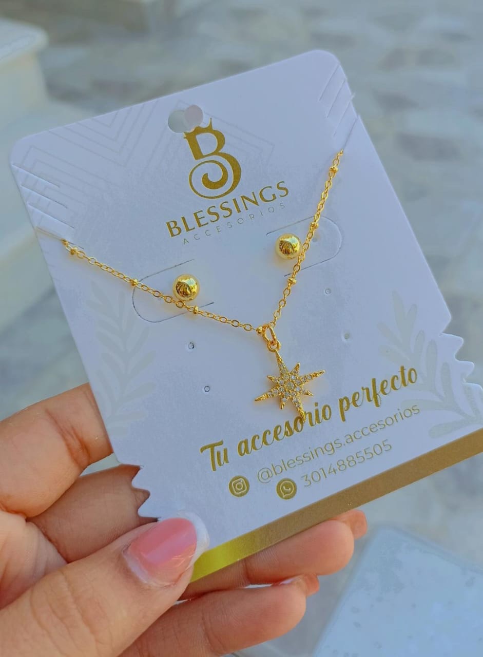 Set Dorado “Estrella de Luz” de Acero Rodinado – Collar y Aretes con Brillo Celestial
